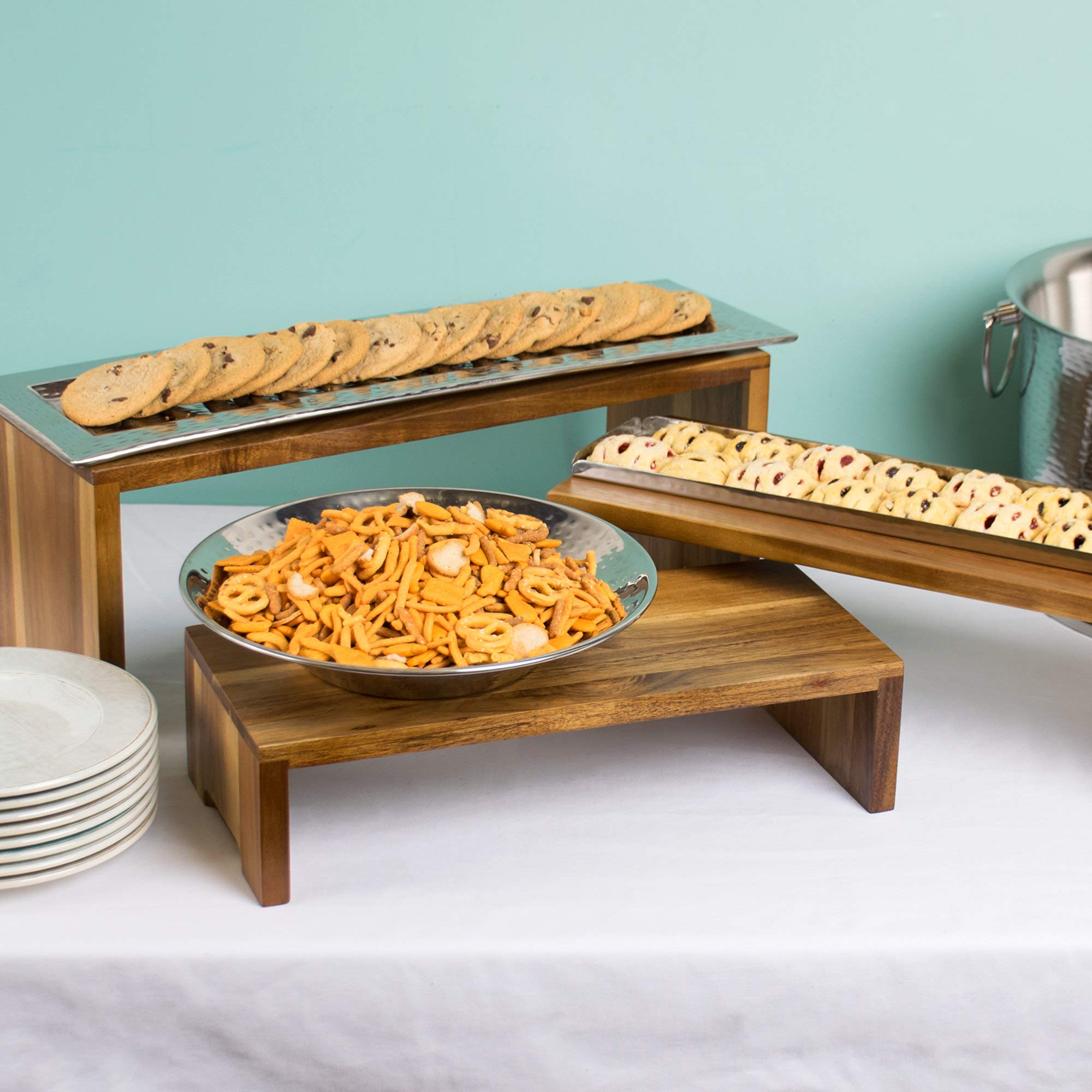 Umark Sheesham Wood 3-Piece Cascade Riser Set|Patio Stand Set of Three|Vegetables Stand|Cake Stand|Cake Server Pato, Rectangular